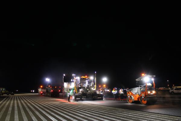 Runway construction was completed over approximately 32 overnight shifts, with the runway safely returned to service for scheduled flights each morning.